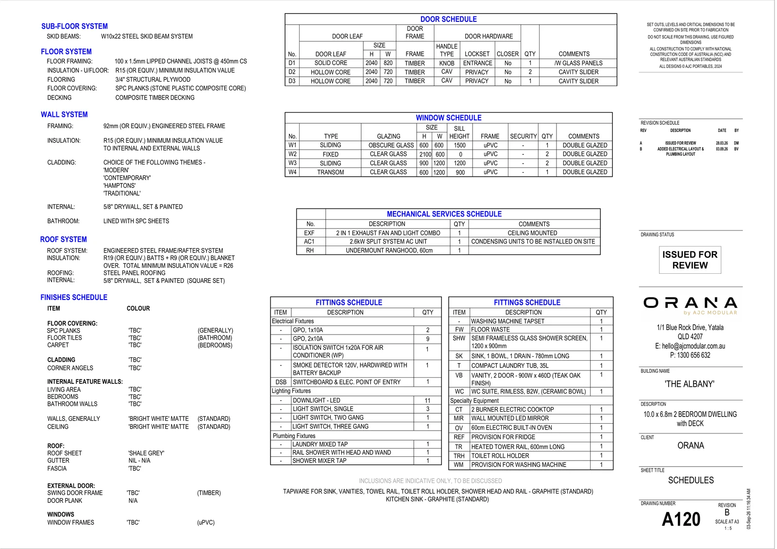 The Albany — specifications and schedules (drawing sheet A120)
