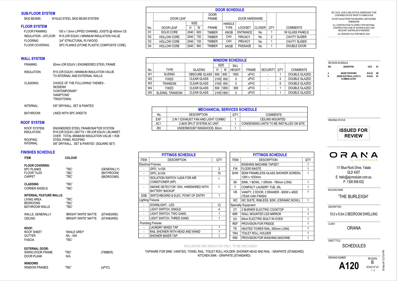 The Burleigh — specifications and schedules (drawing sheet A120)