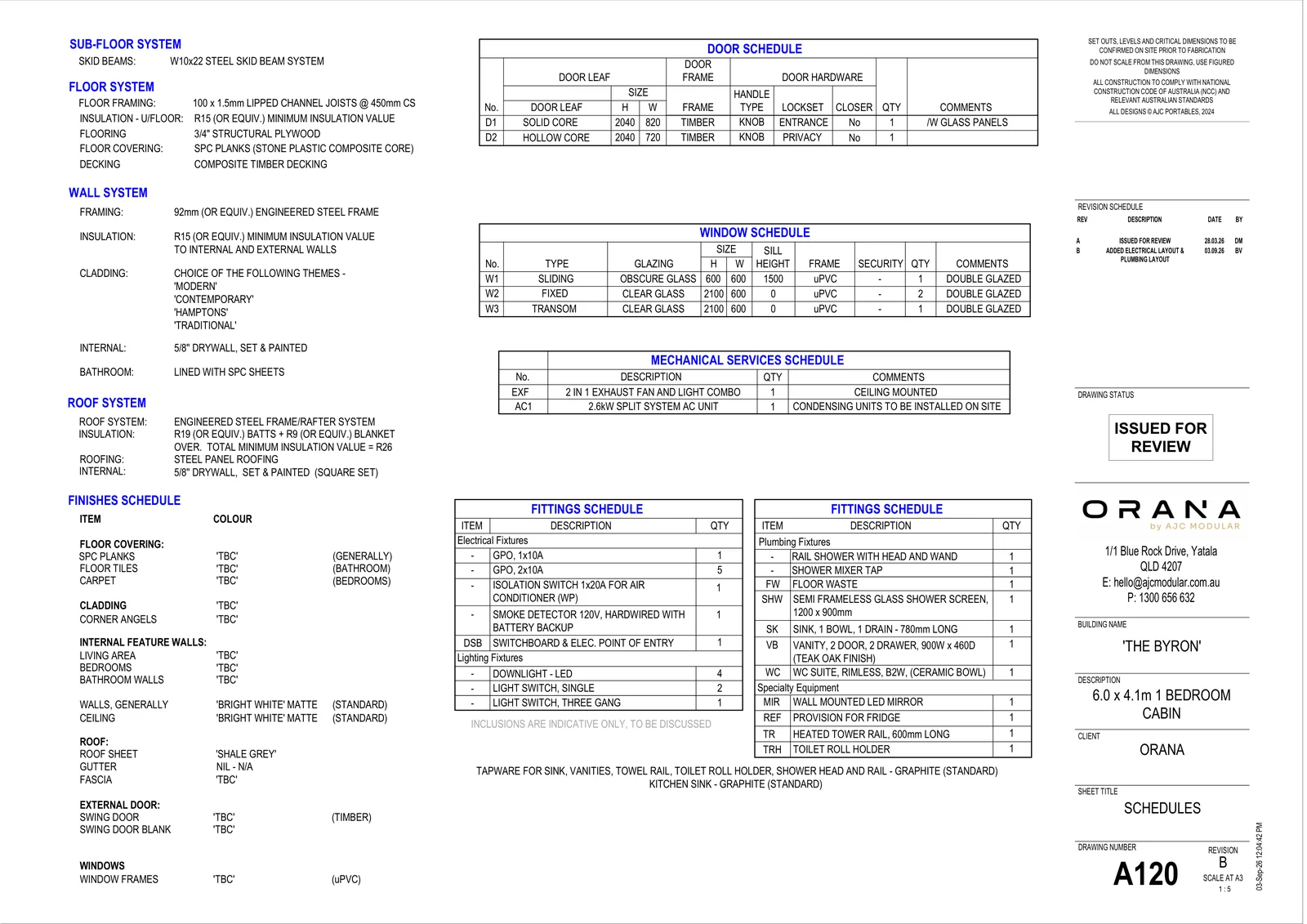 The Byron — specifications and schedules (drawing sheet A120)