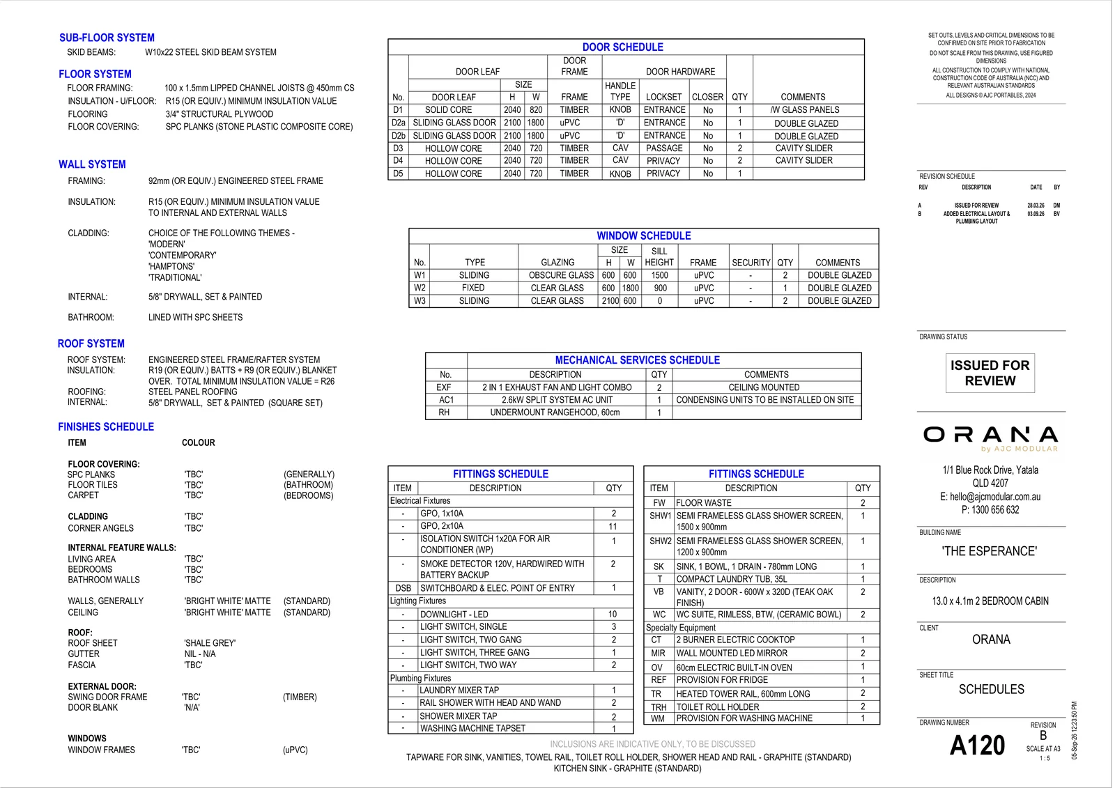 The Esperance — specifications and schedules (drawing sheet A120)