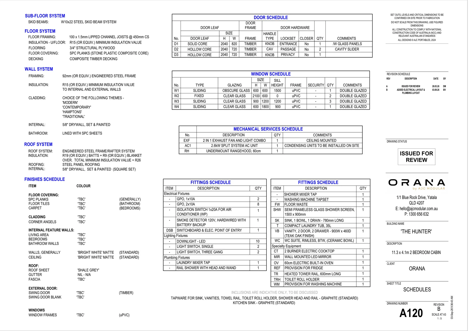 The Hunter — specifications and schedules (drawing sheet A120)