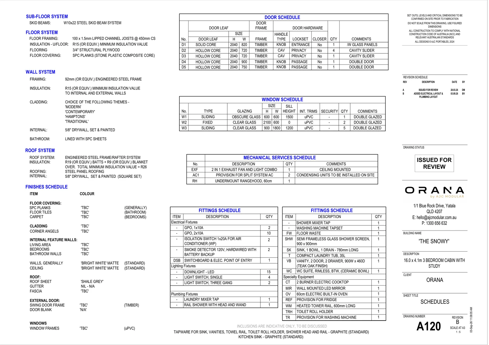 The Snowy — specifications and schedules (drawing sheet A120)