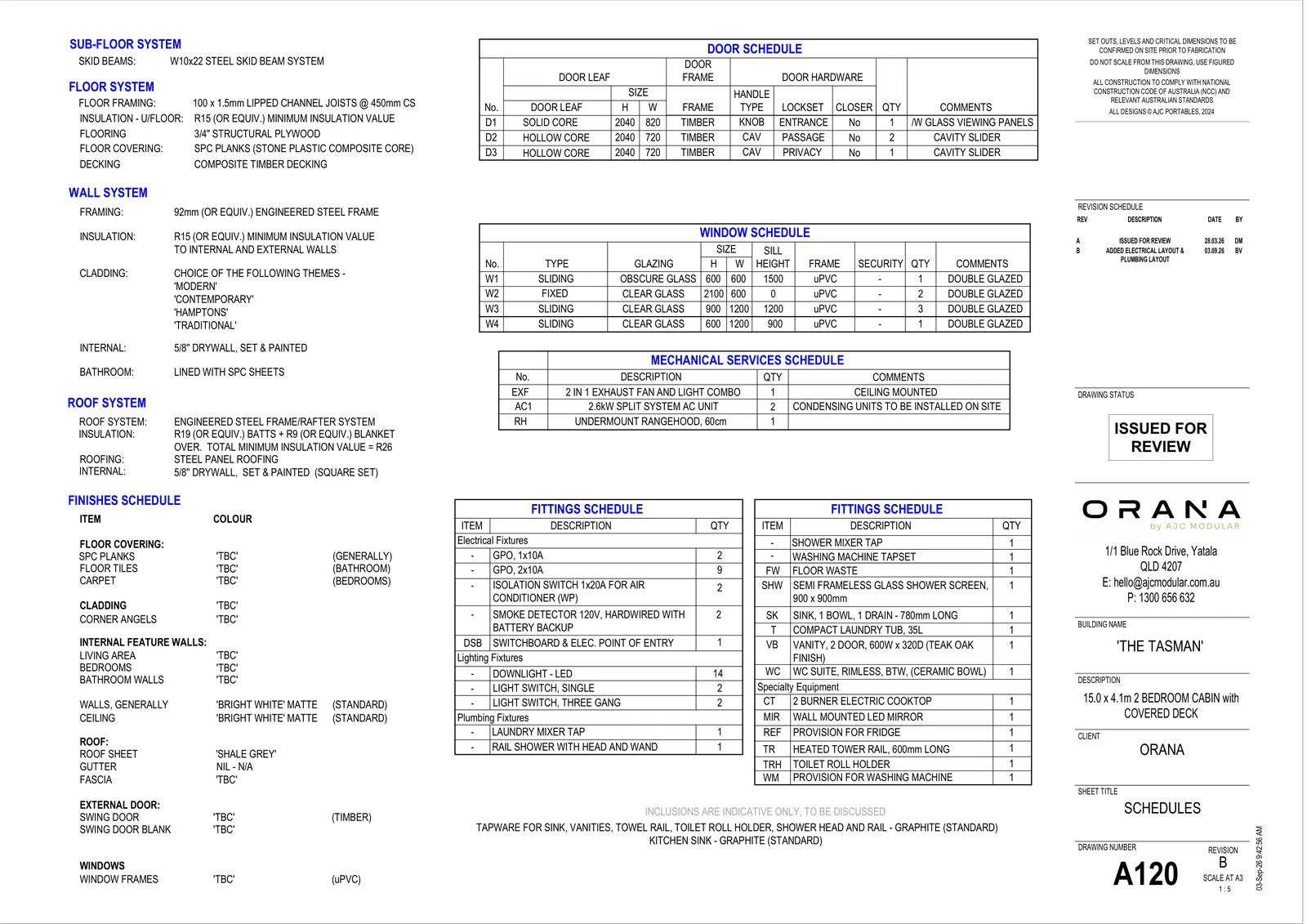 The Tasman — specifications and schedules (drawing sheet A120)
