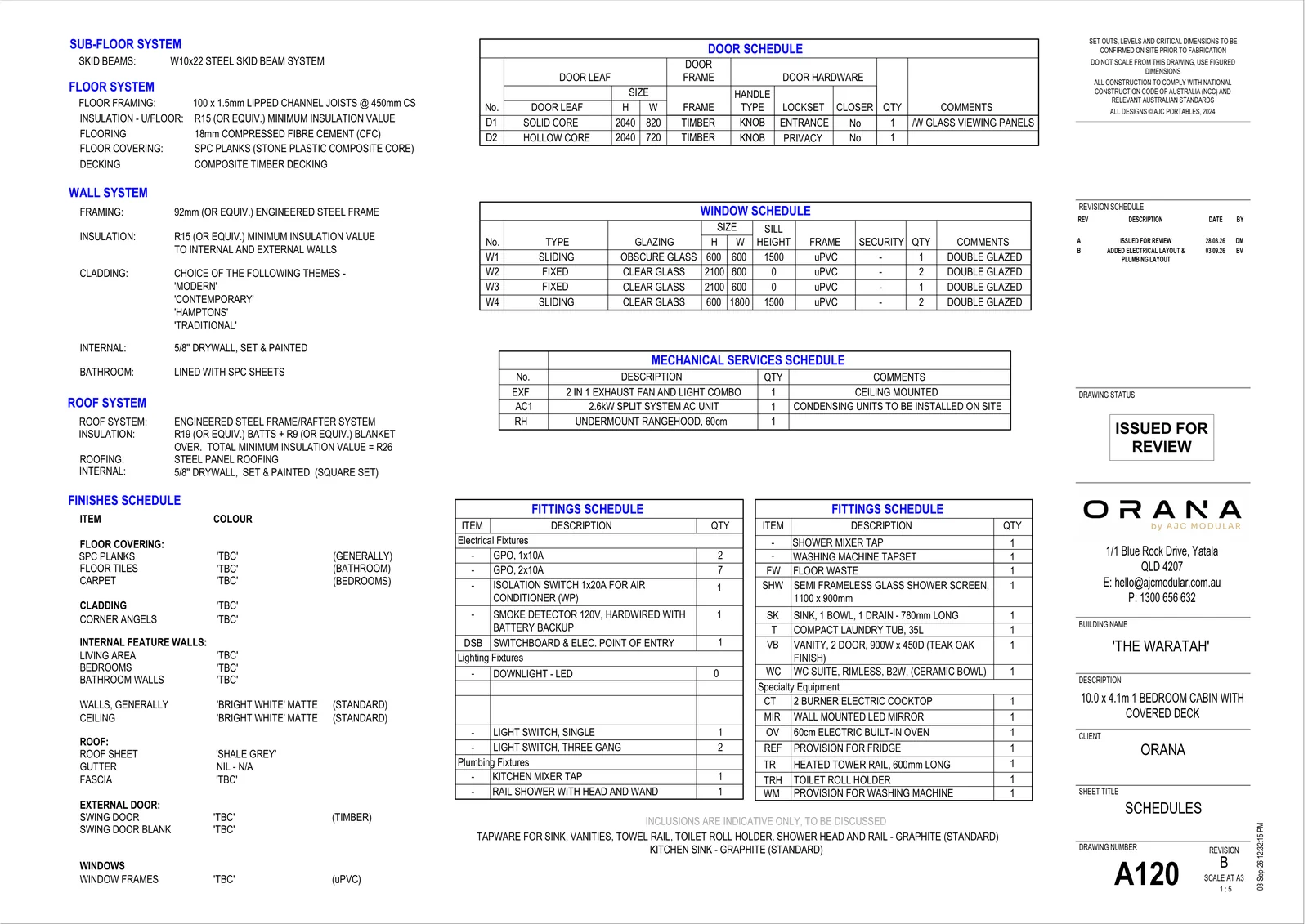 The Waratah — specifications and schedules (drawing sheet A120)