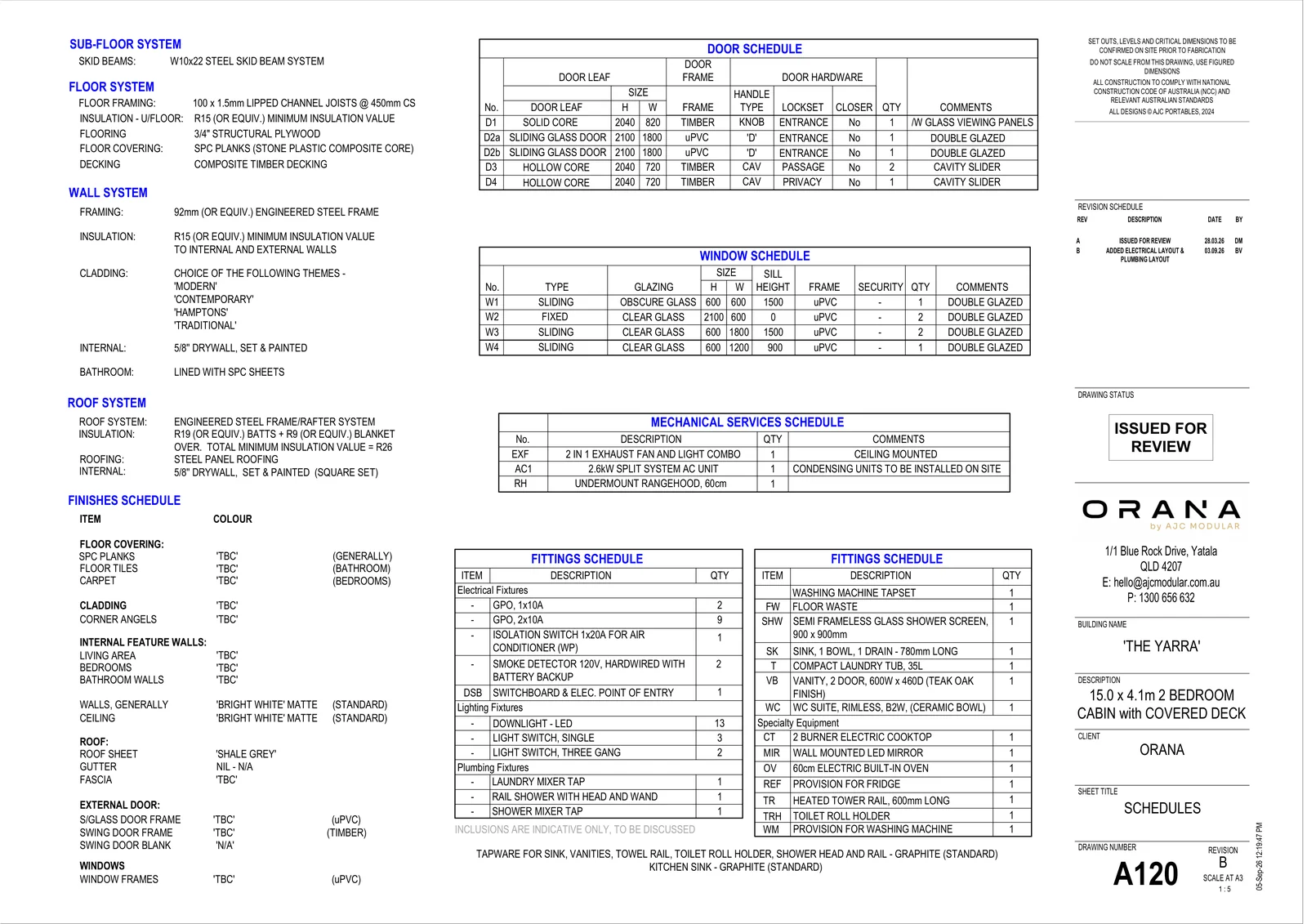 The Yarra — specifications and schedules (drawing sheet A120)